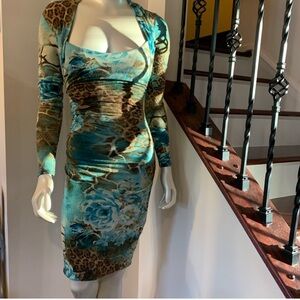 CACHE Blue and Brown Leopard Print Knitted Dress